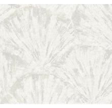 Papier peint intissé avec motif en forme d'éventail et surface structurée en blanc et gris.