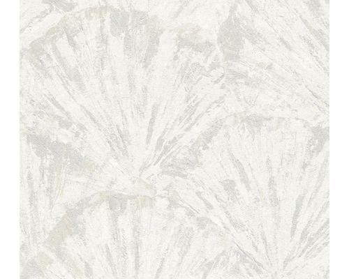 Papier peint intissé avec motif en forme d'éventail et surface structurée en blanc et gris.
