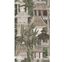 Papier peint intissé avec temples asiatiques, pagodes et pavillons au milieu d'un paysage dense de palmiers tropicaux.