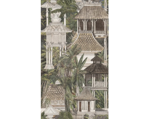Papier peint intissé avec temples asiatiques, pagodes et pavillons au milieu d'un paysage dense de palmiers tropicaux.