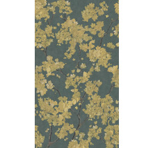 Papier peint intissé à motif floral, fleurs jaunes sur des branches dans un style pictural.