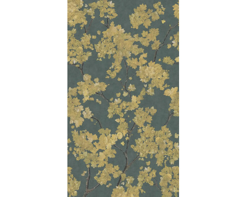 Papier peint intissé à motif floral, fleurs jaunes sur des branches dans un style pictural.