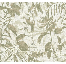 Papier peint avec motif botanique de feuilles et de fleurs avec surface texturée.