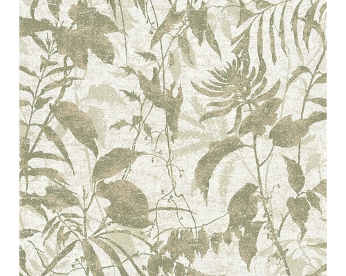 Papier peint avec motif botanique de feuilles et de fleurs avec surface texturée.