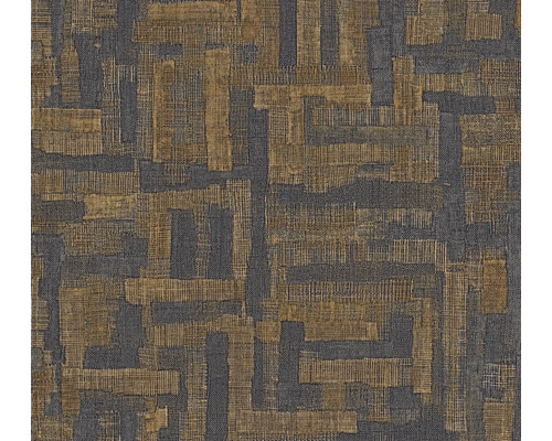 Vliestapete mit abstraktem geometrischem Muster in Gold und Grau in Leinenoptik.