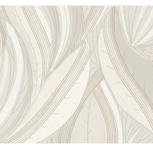 Papier peint intissé avec de grands motifs de feuilles et une structure de lignes fines en beige et gris