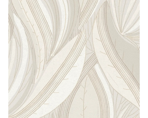 Papier peint intissé avec de grands motifs de feuilles et une structure de lignes fines en beige et gris