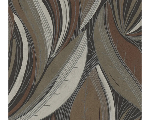 Papier peint intissé à grand motif de feuilles dans des tons terreux avec structure linéaire fine.