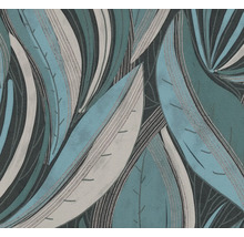 Papier peint avec motif de feuilles stylisées et détails de lignes.