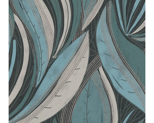 Papier peint avec motif de feuilles stylisées et détails de lignes.