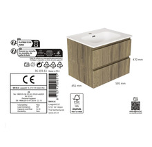 Waschbeckenunterschrank Holzoptik, zwei Schubladen, weißes Waschbecken, Holz aus nachhaltiger Waldwirtschaft, 595 mal 455 mal 470 Millimeter.