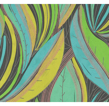 Papier peint moderne avec un motif botanique composé de grandes feuilles stylisées et de textures linéaires.