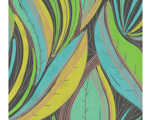 Papier peint moderne avec un motif botanique composé de grandes feuilles stylisées et de textures linéaires.
