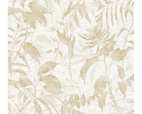 Papier peint à motif floral composé de feuilles et de fougères beige clair sur fond blanc avec une structure discrète.