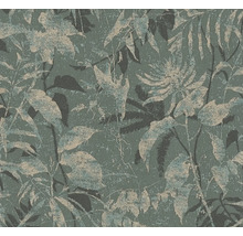 Papier peint avec motif de feuilles botaniques en vert foncé et design structuré.