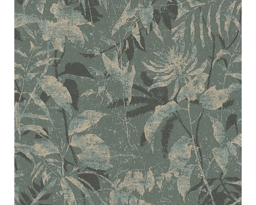 Papier peint avec motif de feuilles botaniques en vert foncé et design structuré.
