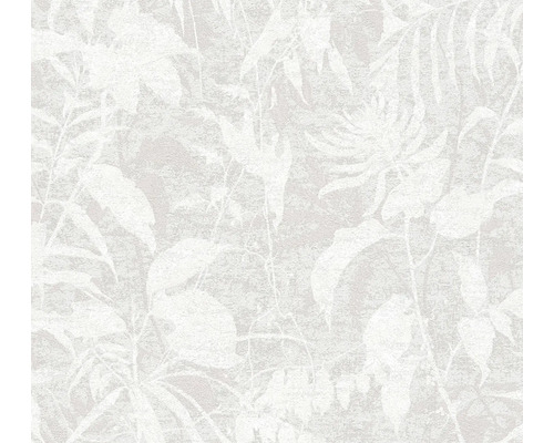 Papier peint intissé avec motif de feuilles florales et surface structurée en aspect pierre claire.