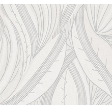Papier peint intissé avec motif de feuilles et lignes courbes en gris clair et blanc.
