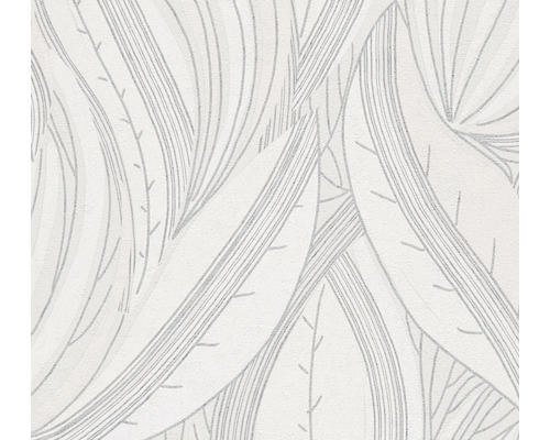 Papier peint intissé avec motif de feuilles et lignes courbes en gris clair et blanc.