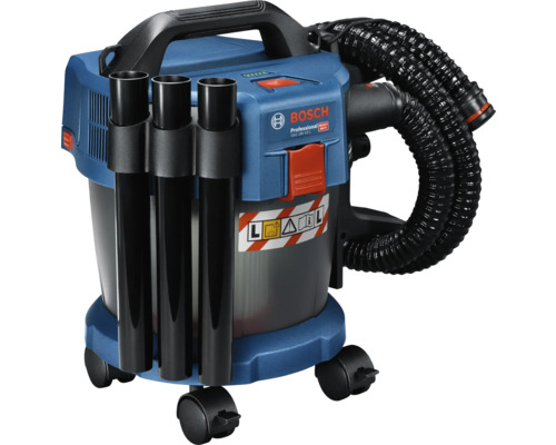 Aspirateur eau et poussière sans fil Bosch Professional GAS 18V-10 L avec tubes, flexible et roulettes.