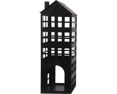 Maison décorative en métal noir avec découpes de fenêtres et cheminée.