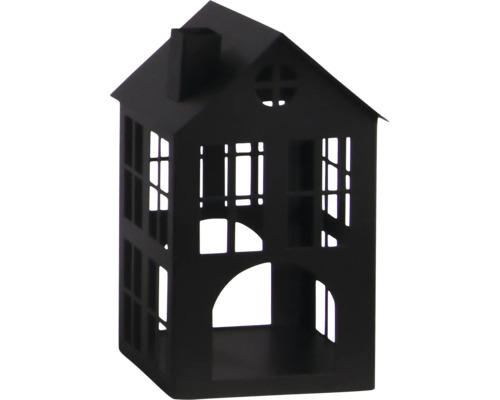 Maison décorative en métal noir avec découpes de fenêtres et cheminée.