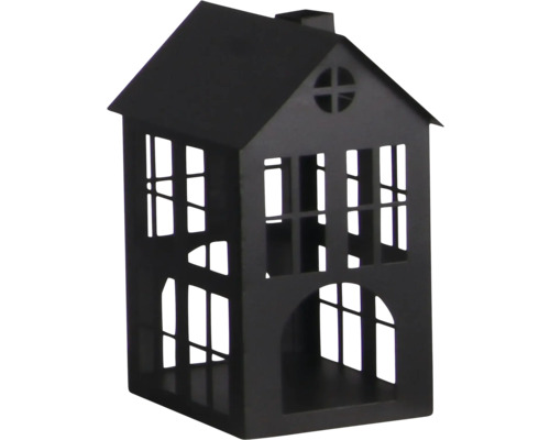 Photophore en métal en forme de maison avec découpes de fenêtres décoratives et toit à deux pans.