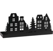 Décoration en métal noir avec silhouette de maisons et de sapins, bougeoir pour bougie chauffe plat.