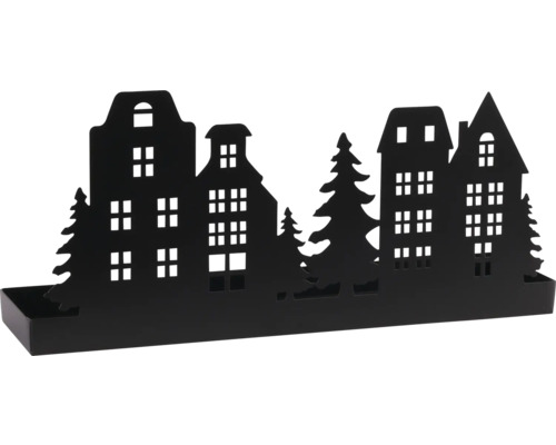 Décoration en métal noir avec silhouette de maisons et de sapins, bougeoir pour bougie chauffe plat.