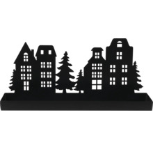 Coupe décorative en métal avec une silhouette de maisons et de sapins.