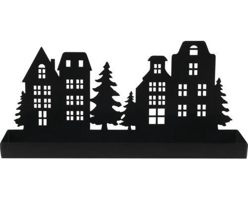 Coupe décorative en métal avec une silhouette de maisons et de sapins.
