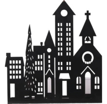 Porte-bougie chauffe-plat silhouette de maisons en métal avec motifs d'église et de sapin.