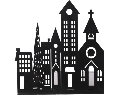 Porte-bougie chauffe-plat silhouette de maisons en métal avec motifs d'église et de sapin.