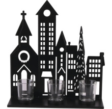 Porte-bougie chauffe-plat noir en métal avec silhouette d une ville et trois verres pour bougies chauffe-plat.