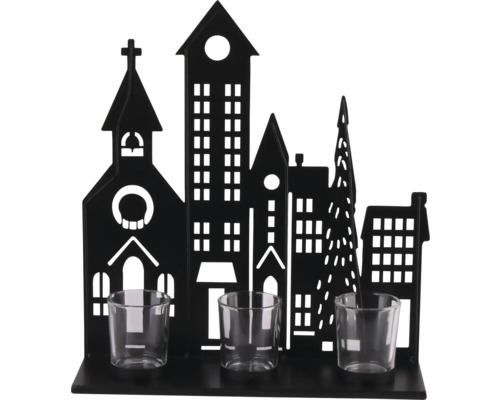 Porte-bougie chauffe-plat noir en métal avec silhouette d une ville et trois verres pour bougies chauffe-plat.