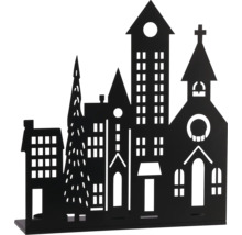Silhouette de ville noire en métal avec différents bâtiments, une église et un sapin.