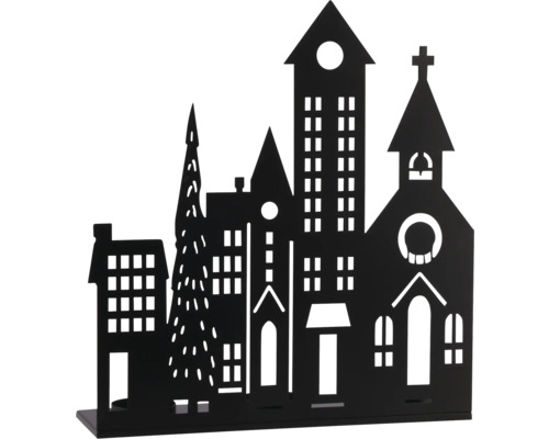 Silhouette de ville noire en métal avec différents bâtiments, une église et un sapin.