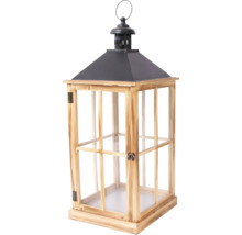 Lanterne en bois avec toit en métal et inserts en verre, boîtier carré avec porte verrouillable et poignée en anneau pour la suspension.