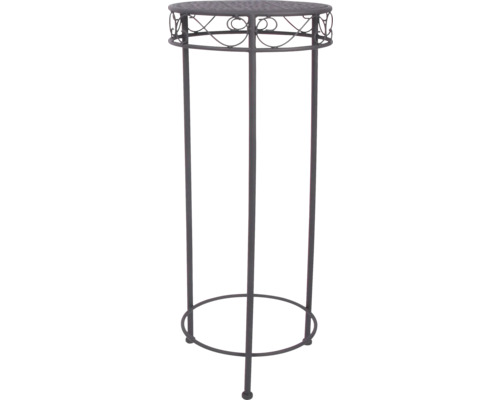 Colonne porte-plantes décorative en métal avec plateau rond et ornements sur le bord.