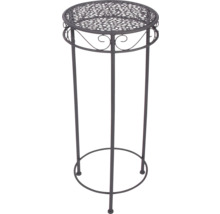 Porte-plante rond en métal anthracite avec plateau perforé et ornements décoratifs.