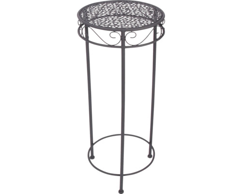 Porte-plante rond en métal anthracite avec plateau perforé et ornements décoratifs.