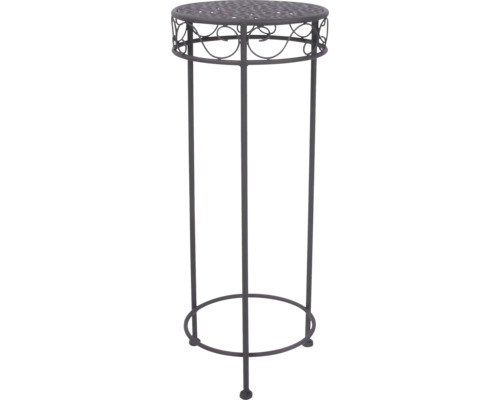 Hoher Blumenständer aus dunklem Metall mit runder, dekorativ verzierter Abstellfläche.