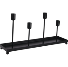 Bougeoir en métal noir avec quatre bras de différentes hauteurs sur un plateau rectangulaire.