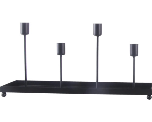 Bougeoir noir en métal avec quatre supports de différentes hauteurs sur un plateau.