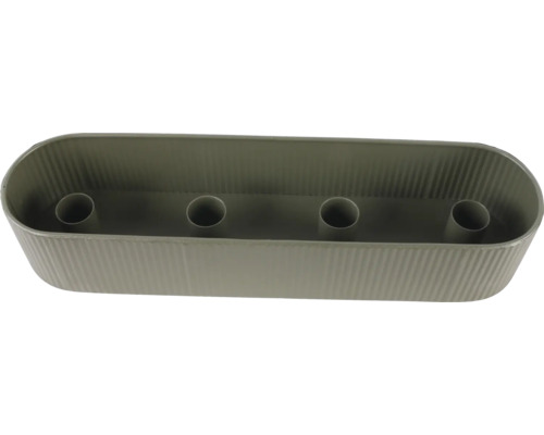 Jardinière de balcon ovale en plastique avec rainures verticales et quatre évidements circulaires au fond.
