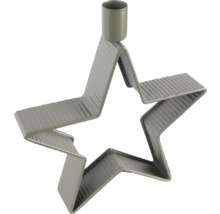 Bougeoir vert en forme d'étoile en métal nervuré avec un support pour bougie au sommet.