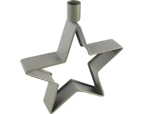 Bougeoir vert en forme d'étoile en métal nervuré avec un support pour bougie au sommet.