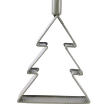 Bougeoir en métal en forme de sapin de Noël en vert olive avec un support cylindrique pour bougie au sommet.