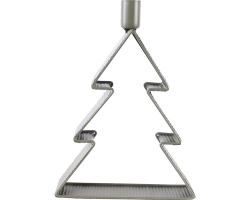 Bougeoir en métal en forme de sapin de Noël en vert olive avec un support cylindrique pour bougie au sommet.