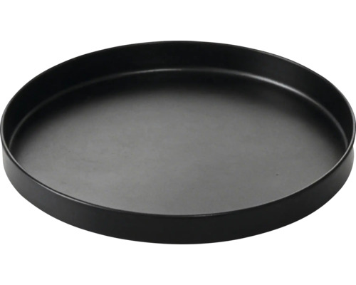 Plateau rond noir avec rebord surélevé.